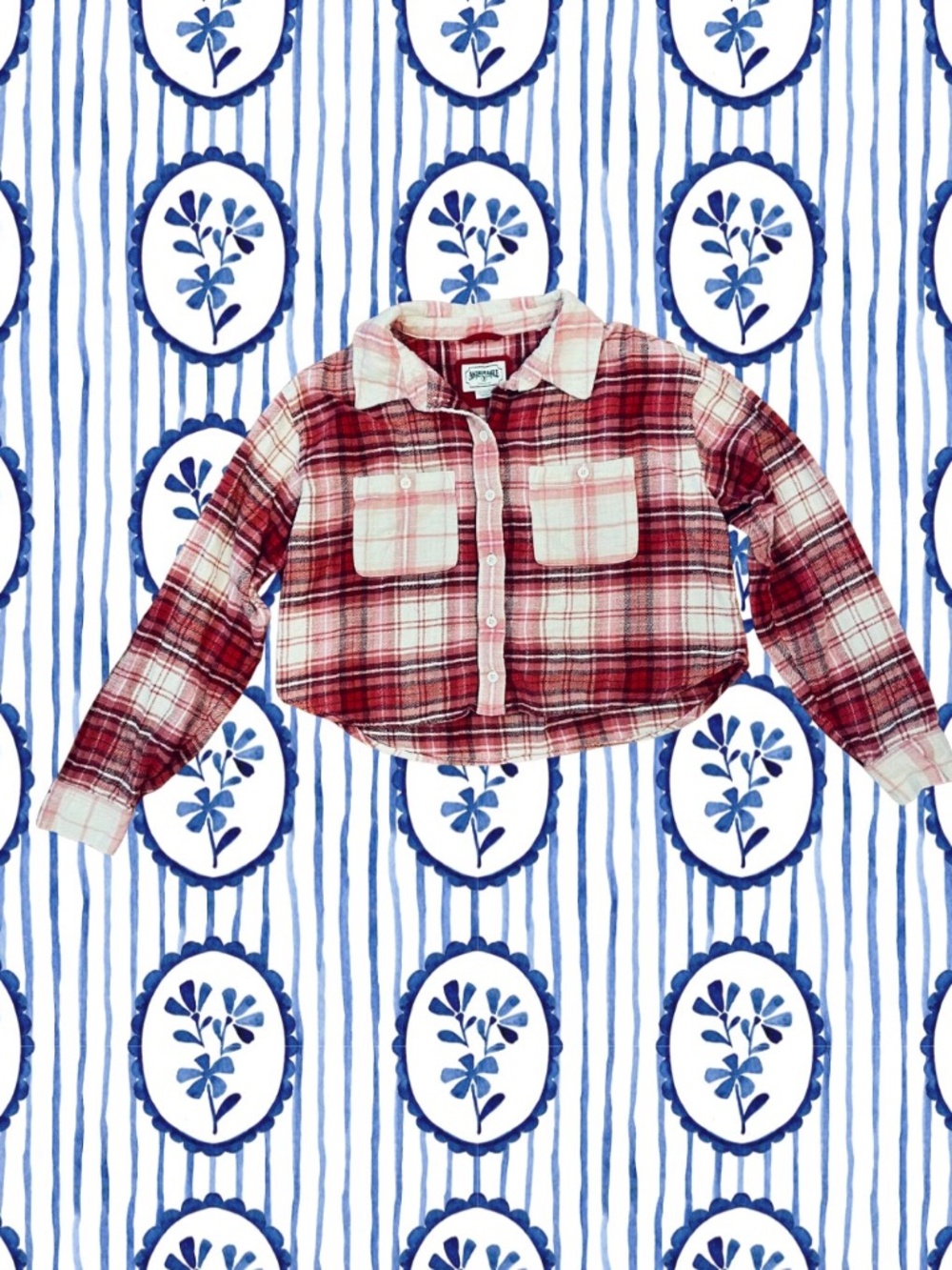 American Eagle Women's Cropped Pink and Red Plaid Flannel Shirt, Size XS